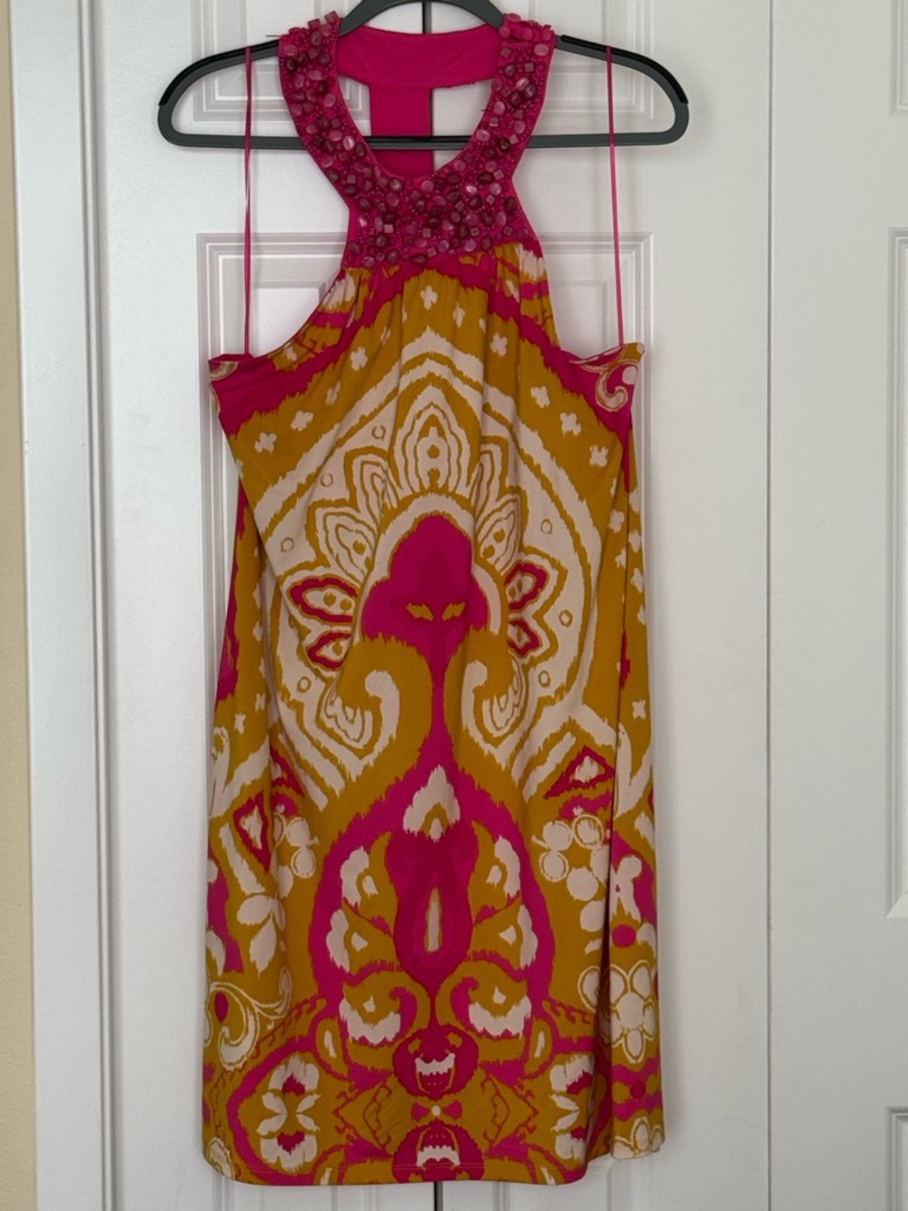 INC International Concepts Pink and Yellow Beaded Halter Dress